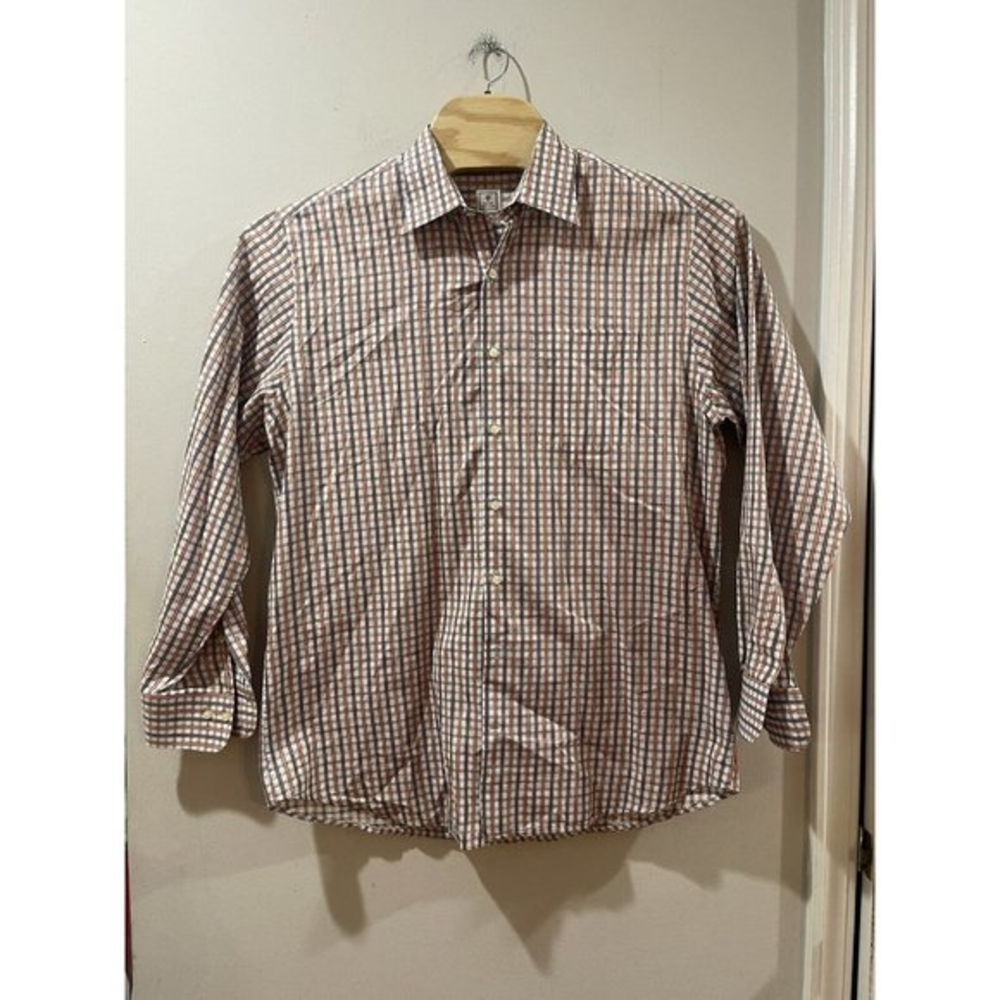 Peter Millar 100% Cotton Button-Down Plaid Orange Brown‎ Shirt Large